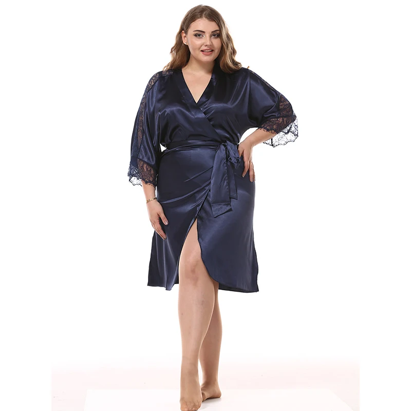 Factory Outlet Women Satin Silk Sleeping Robe Imitation Silk Plus Size Lady Lace Sexy Bathrobes Half-Sleeve Kimono Female 96231