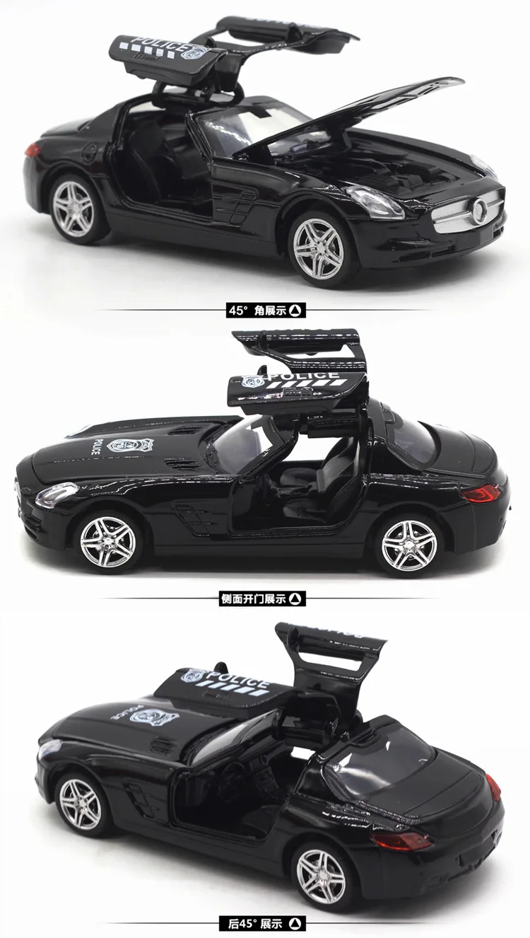 1: 30 сплав Полицейская машина Mercedes SLS модель автомобиля модель пожарной сигнализации 3 двери звук и светильник Модель игрушки