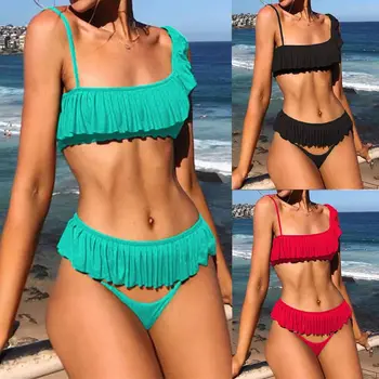 

2020 Women's Ruffle Bikini Set One Shoulder Solid Color Swimsuit Female Sexy 2 pieces Bikini High Cut Swimwear Lady Bathing Suit