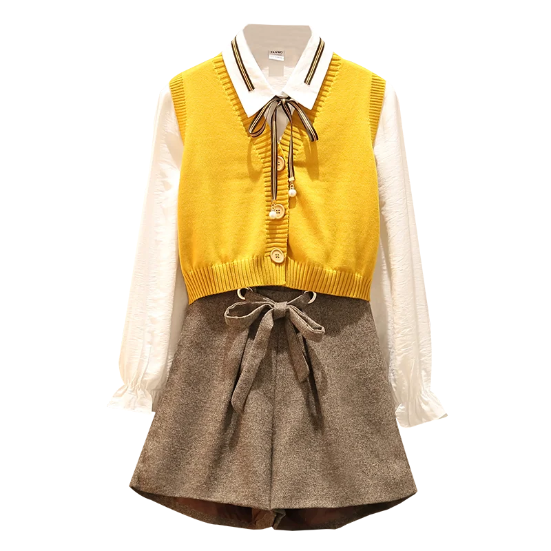 Осенний винтажный клетчатый костюм, женская рубашка, жилет+ штаны, комплект из трех предметов, топ и блузка, брюки, большие размеры, осенний женский OL короткий комплект