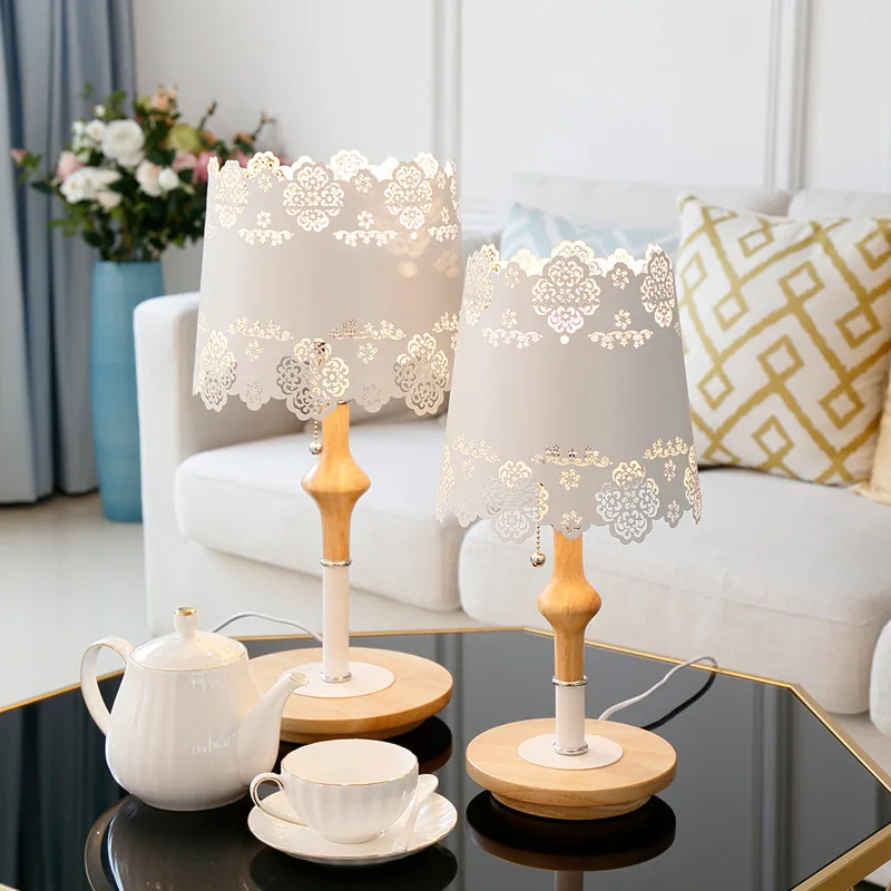 

Europe Table Lamp Bedroom Bedside LED Lamp LED Home Creative Romantic Warm Solid Wood Lace Stay Study Wedding Room White Light