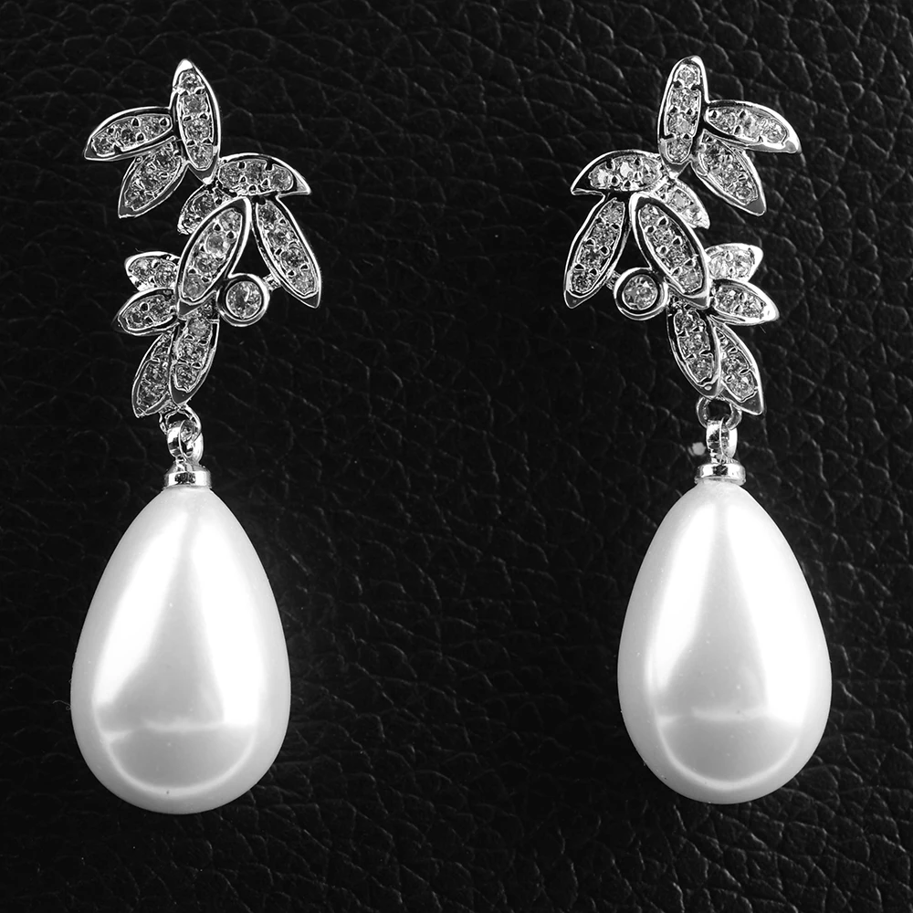 

1.5" White Teardrop Sea Shell Pearl CZ Pave Earrings