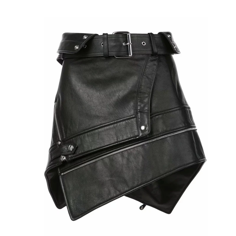 

Sexy Asymmetry fur leather skirts womens Zipper punk rock belt mini skirt Streetwear black high waist Skirts 2019 faldas mujer