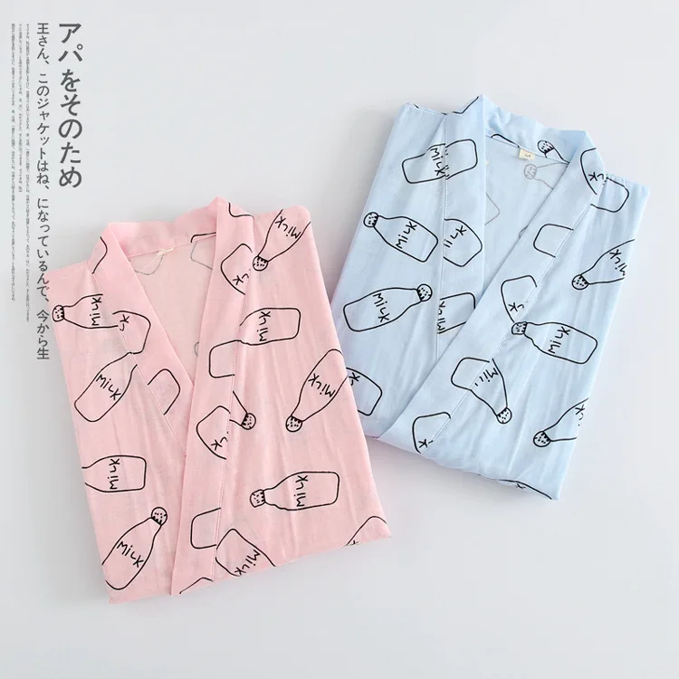 

Spring And Autumn Bottle Print Gown Ladies Cotton Thin Pajamas Home Service Sweat Loose Bathrobe Yukata Japanese Kimono Dress