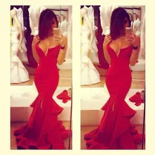 

Sexy Red Mermaid Satin long Prom Dresses 2019 vestidos de gala V Neck Tiered Slit Evening Dresses Party Gowns Homecoming Gowns