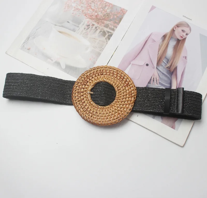Women Bohemian Elastic Braided Belt Fashion Female Summer Dress Jeans Wide Black PP Straw Designer Wood Buckle Boho Belts Summer