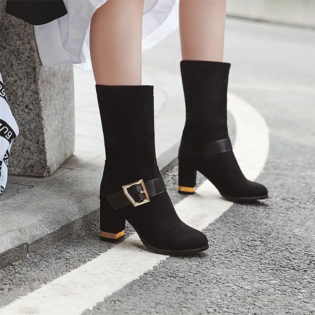 

SARAIRIS Big Size 32-43 Add Fur Autumn Winter Boots Woman Shoes Chunky High Heels Party Shoes Woman Mid Calf Boots Female