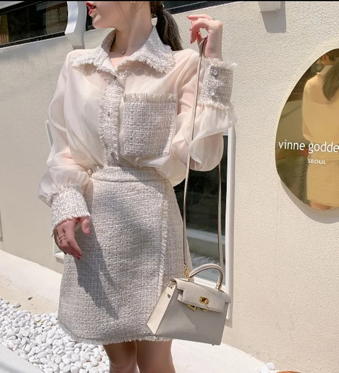 

Byyou Autumn Joint Chiffon Shirt Graceful WOMEN'S Suit Debutante High Waist Skirt Two-Piece Set with Camisole
