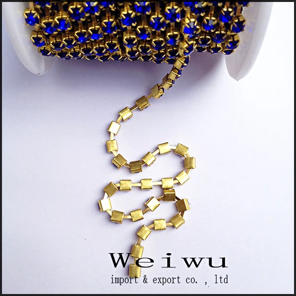 High Qaulity Sew On Golden Base Strass Chain SS8 10 Yards Sapphire Rhinestone Cup Chain