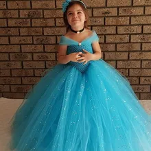 Блестящее голубое платье принцессы с юбкой-пачкой для маленьких девочек детское платье Эльзы из тюля «кроше» бальное платье с бантом для дня рождения