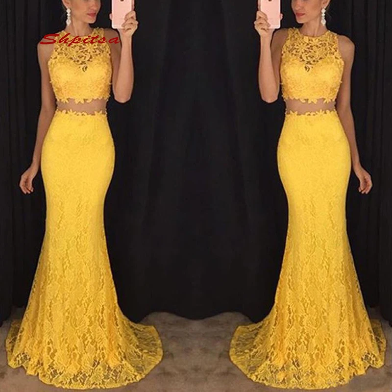 

Long Lace Mermaid Evening Dresses Party Plus Size Ladies Two 2 Piece Women Prom Formal Dresses Evening Gown