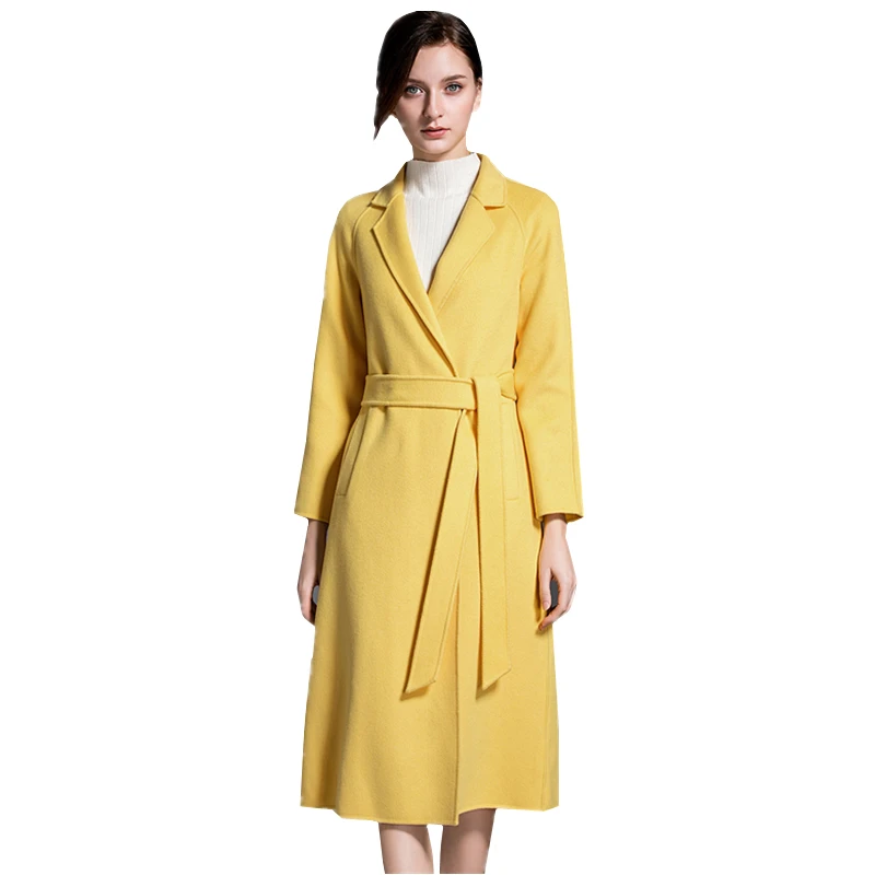 Autumn Winter Fashion New Plus size Yellow Double-sided cashmere Coat Women Office Long Overcoat High quality slim Woolen Coat