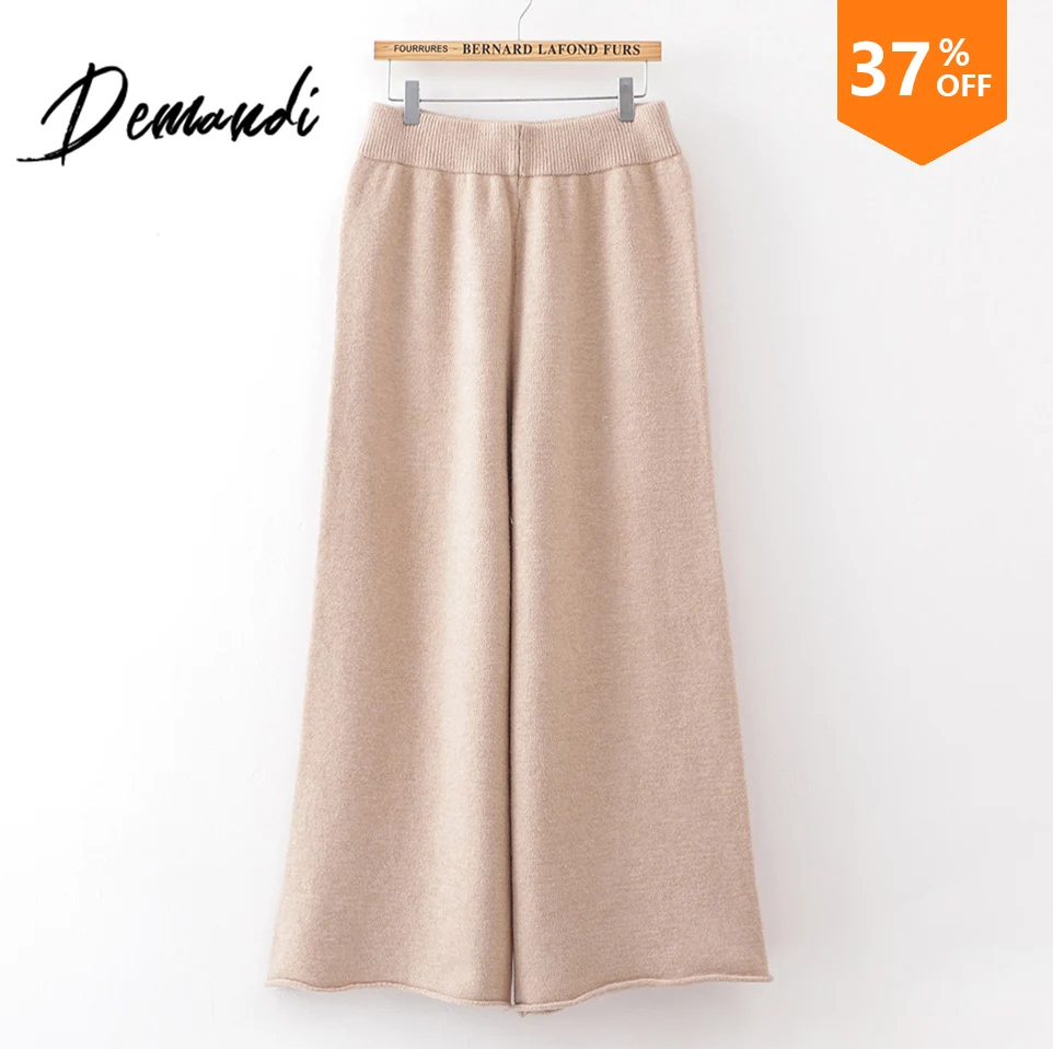 

DEMANDI Women's Trousers Knitted Slim Fall and Winter 2019 New Fashion Leisure Elastic High-waist Knitted Broad-legged Trousers