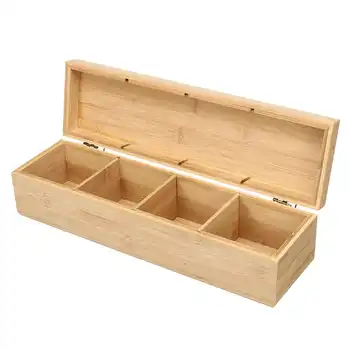 

New 4 Compartment Bamboo Tea Box Sugar Bag Storage Box Case Organizer Lid Multifunction Container Holder Gift Home Office Pantry