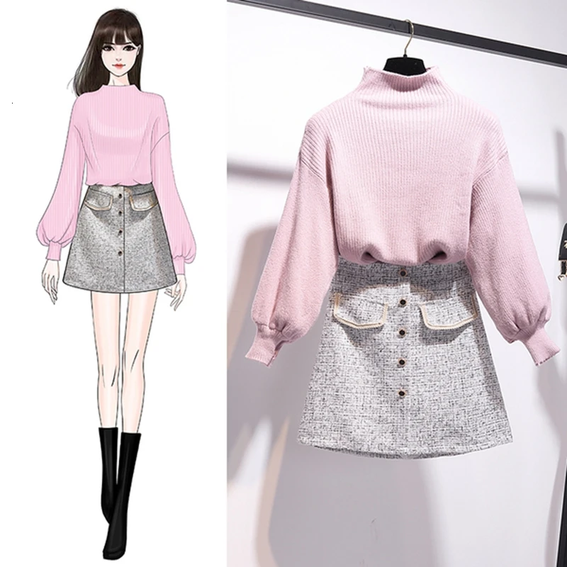 

Lantern Sleeve Sweater Half Turtle Neck Sweater Top And Tweed Skirt Set Two Piece Set Women Fall And Winter Suit Knitwear Outfit