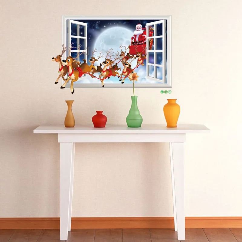Wall Stickers 3D Stickers Santa Claus Fake Window Stickers Holiday CHILDREN'S Room Sleigh Decoration PVC Large 7229