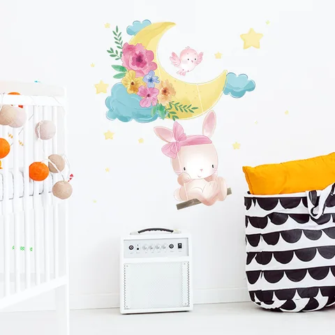 Bunny Swinging Moon Wall Sticker Child Kids Room Decoration Wallpaper Bedroom Home Decor Decals Cartoons Nursery Stickers