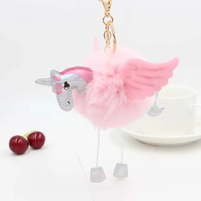 Light Pink Красочный Кролик Мех Единорог сумка Украшение помпон брелок для автомобильных ключей мяч лошадь плюшевый кулон брелок держатель милая сумка аксессуары - Цвет: Light Pink