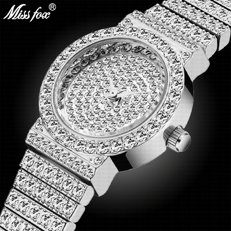 MissFox маленькие женские модные наручные часы Серебряный люксовый бренд 7 мм ультра тонкий полный алмазный браслет Xfcs Женские кварцевые наручные часы