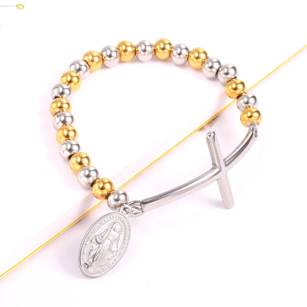 

Charm Bracelet Bangle Woman Accessories Stainless Steel Jewelry Glossy Bead Virgin Mary Prayer Blessing Religious Cross Bracelet