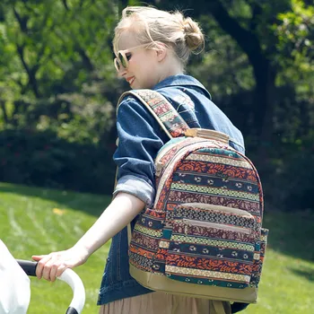 

Stylish Canvas National Style Diape Rmommy Bag Nappy Baby Bag for Mother Large Capacity Mother Backpack for Outdoor Travel