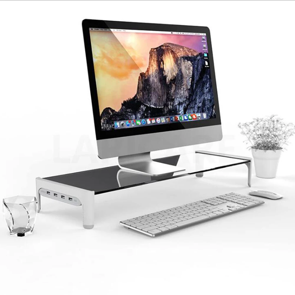 

USB3.0 Aluminum Monitor Stand Riser with 4ports USB Hub Data Transmission and Fast Charger Keyboard and Mouse Storage Desk Riser
