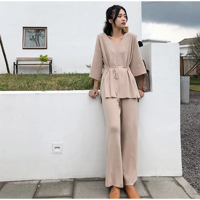Женский комплект из 2 предметов, 4XL, вязаный свитер, широкие штаны для женщин, комплект из двух предметов, вязаный пуловер с v-образным вырезом, топ и штаны, два комплекта для женщин
