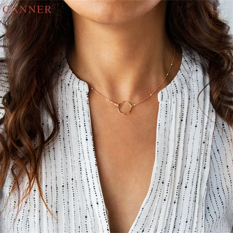 CANNER Hollow Round Circle Necklace Women Choker 925 Sterling Silver Necklace Gold Color Collar Chains Jewelry Gifts Collier C40