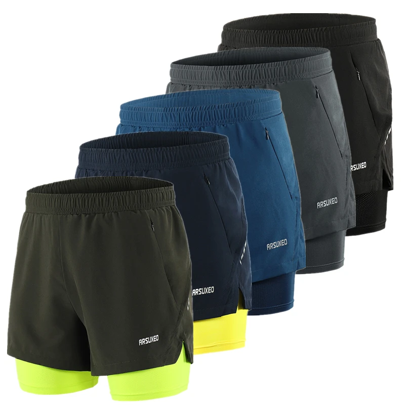 

Men Running Shorts 2 in 1 Sports Shorts Quick Dry Active Training Exercise Jogging Gym Shorts With Zipper Pockets Fashion