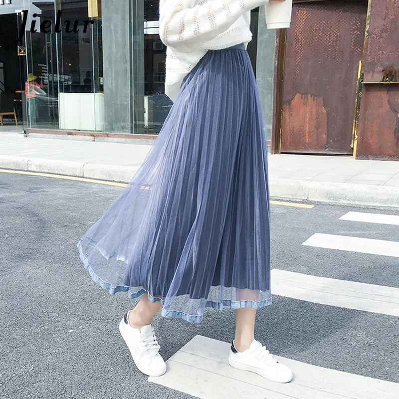 

Jielur Autumn Ruffle Skirt Harajuku Korean Casual High Waist 5 Solid Color Elastic Long Skirt Women Pleated Slim Jupe Femme 2021