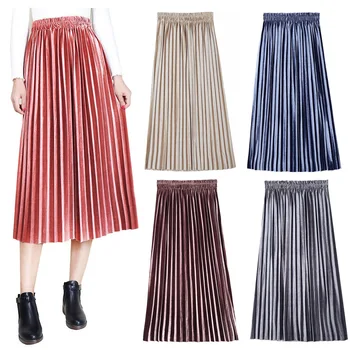 

Autumn Winter Large Mid High Waist Pleated Gold Velvet Half Length Skirt Women's Large skirts