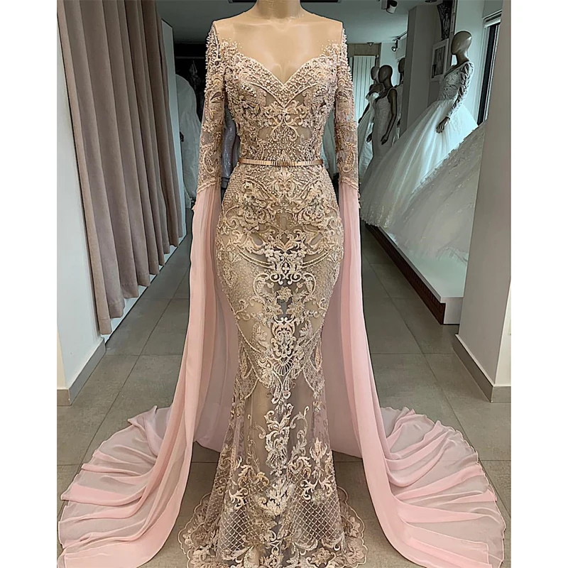 Robe De Soiree Роскошные кружевные аппликации вечернее платье с длинными рукавами с открытыми плечами с юбкой-годе вечерние платья