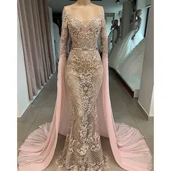 Robe De Soiree 2019 Роскошные кружевные аппликации вечернее платье с длинными рукавами с открытыми плечами с юбкой-годе вечерние платья