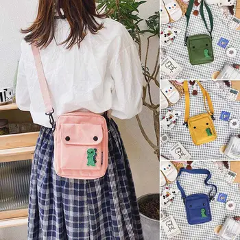 

Cartoon Dinosaur Canvas Bags Funny Dinosaur Cloth Stickers Phone Mini Crossbody Shoulder Bag Casual Zipper Messenger Bag