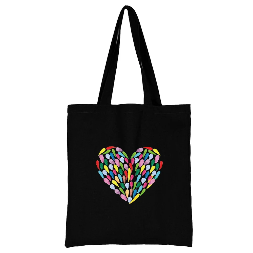 Women's Fabric Shopping Bag Fashion Classic Love Heart Pattern Series Shoulder Bag Reusable Black Print Canvas Tote Bag Shopper