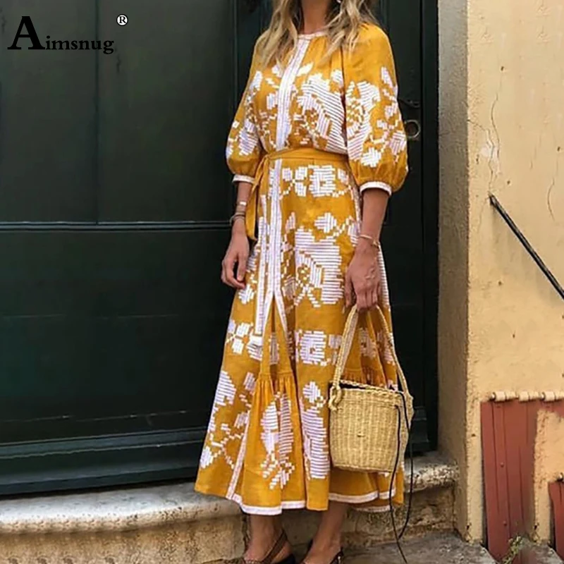 Большие размеры, S-3XL, Boho, женское платье с цифровым принтом, круглый вырез, половина рукава, шнуровка, осень, свободное женское платье с широкой юбкой