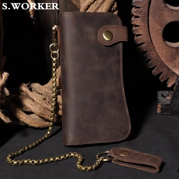 

Men's Vintage Crazy Horse Leather Chain Wallet Genuine Leather Bifold Long Purse Snap Card Holder Wallet Zipper Coin Rfid Pocket