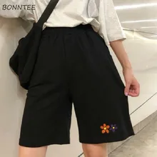 Oversize elegante perna sólida casual solto feminino estudantes bordado flor streetwear chique shorts na altura do joelho estilo largo coreano em