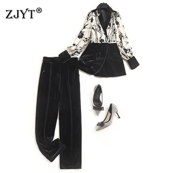 

2020 New Fashion Autumn Winter Velvet Suit Women Long Sleeve Print Patchwork Blazer and Pants 2 Piece Set Elegant Lady Outfits