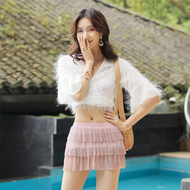 

2019 New Style Bathing Suit Women's Three-piece Set South Korea Online Celebrity Immortal Feather Split Type Boxer Underwire Pus