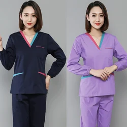 Long Sleeve Medical Uniforms Women Scrub Set Winter V Neck Color Blocking Scrub Top Nurse Uniforms Cotton Workwear Medical Pants