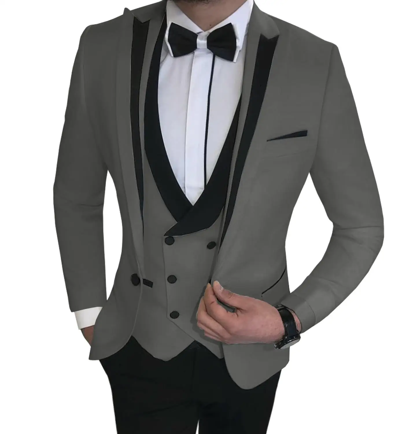 SOLOVEDRESS, мужской костюм, 3 предмета, Повседневный, с зубчатым отворотом, деловой жених, мужской свадебный смокинг, мужской костюм(пиджак+ жилет+ брюки - Цвет: Серый