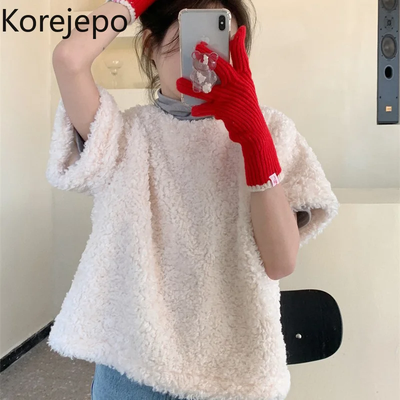 Белая плюшевая женская футболка кореjepo на осень и зиму 2021 новые корейские