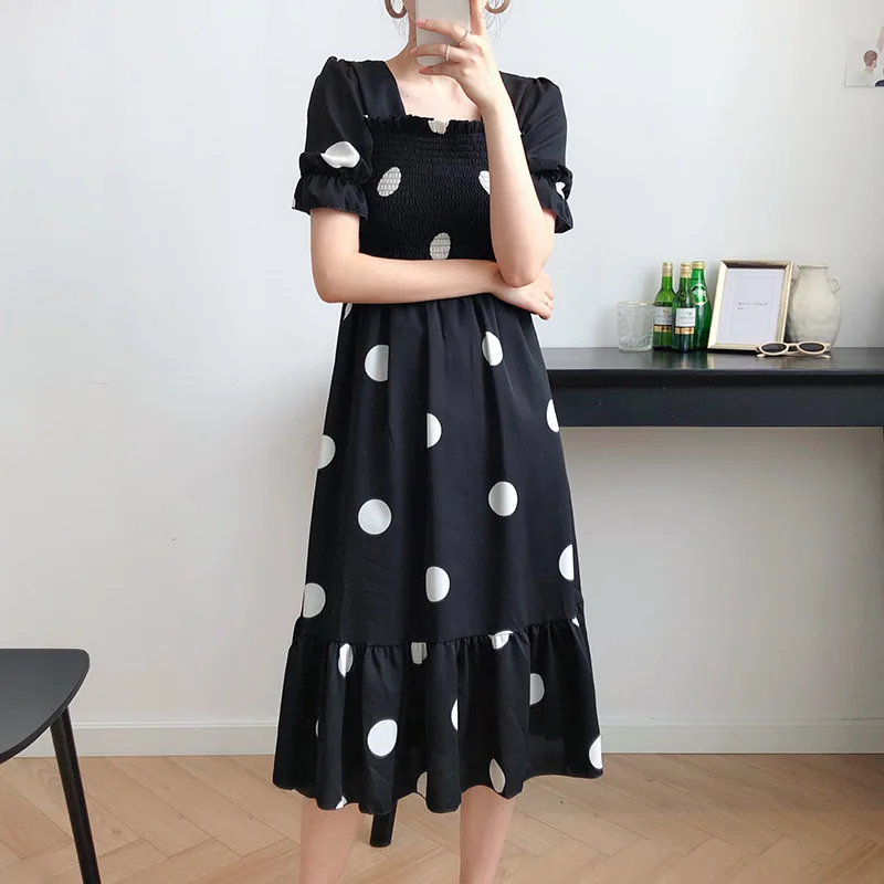 

2020 New Summer Women Puff Short Sleeve Long Dress High Waist Women Dots Pring Chiffin Dress Casual Clothes Vestidos