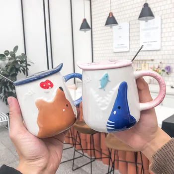 

Cartoon Animal Belly Ceramic Mugs Cute Creative Embossed Coffee Cup with Lid Spoon 400ml Large Capacity Household Breakfast Cups