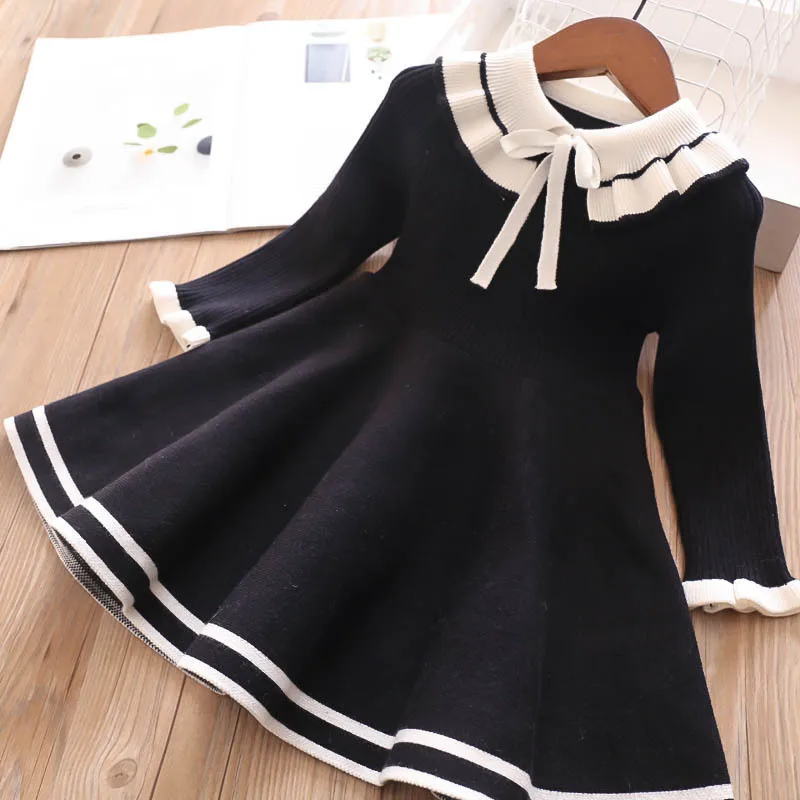 Girls Dress Autumn children warm Sweater dress for girls infant casual pure color Pleated princess dress Baby girl winter knitted