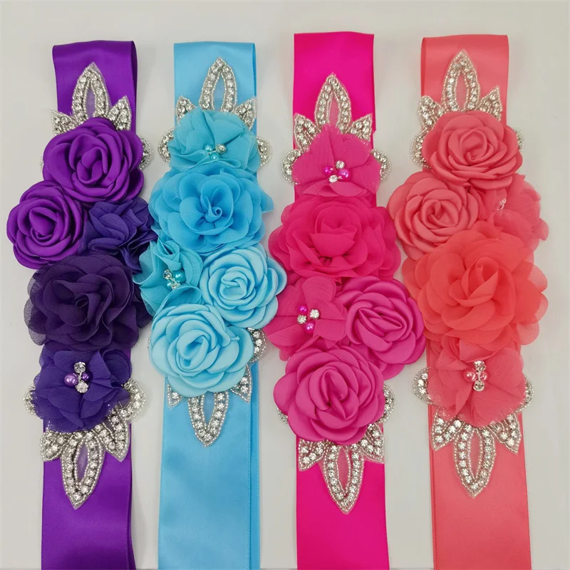 Wedding belt silk rose belt bridal pearl rhinestone flower bridal dress beaded handmade rose