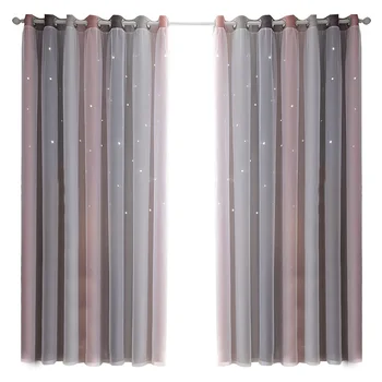 

Home Polyester Living Room Window Extra Long Easy Install Star Curtains Grommet Gradient Sheer Double Layer Hollow Out Bedroom