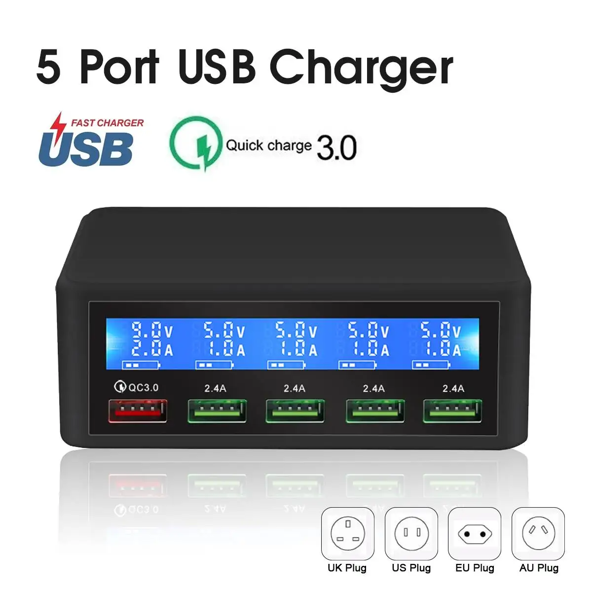 QC3.0 быстро Зарядное устройство интеллигентая(ый) защиты телефона Зарядное устройство Портативный 5-Порты и разъёмы USB адаптер ЖК-дисплей Дисплей подходит для IOS и Android Тип C