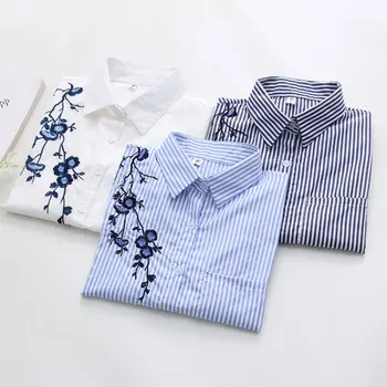 

Floral Embroidery Striped Blouse Women Long Sleeve Shirt And Tops Casual Cotton Blusa Plus Size 3XL Tops Office Lady Blusas
